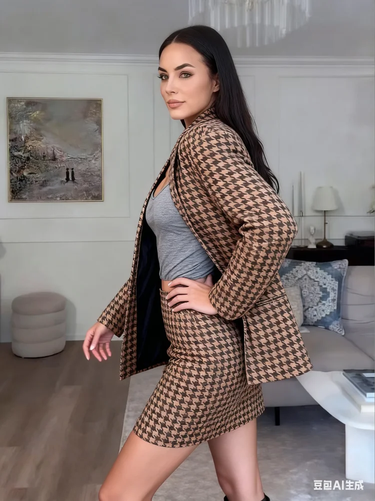 

Retro Peplum Skirt Set Herringbone Pattern Women's Fashion Full Sleeve Button Slim fit Suits 2025 New Office lady commute suit