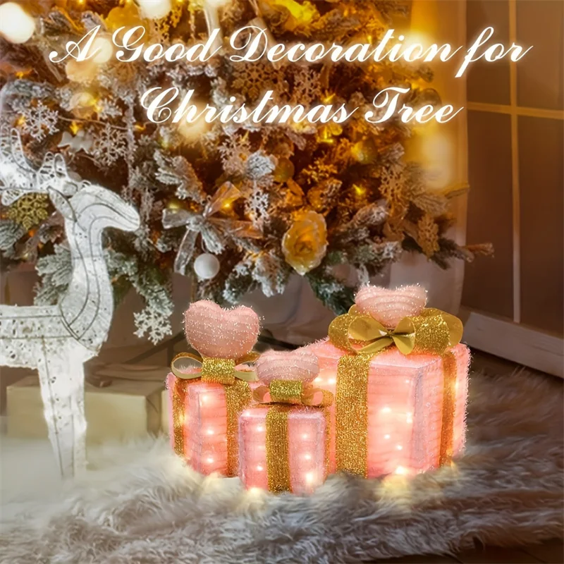 3 упаковки рождественских украшений, рождественские подарочные коробки с подсветкой и розовыми сердечками, красный блестящий бант, подарочная коробка, розовая для декора комнаты, подарки