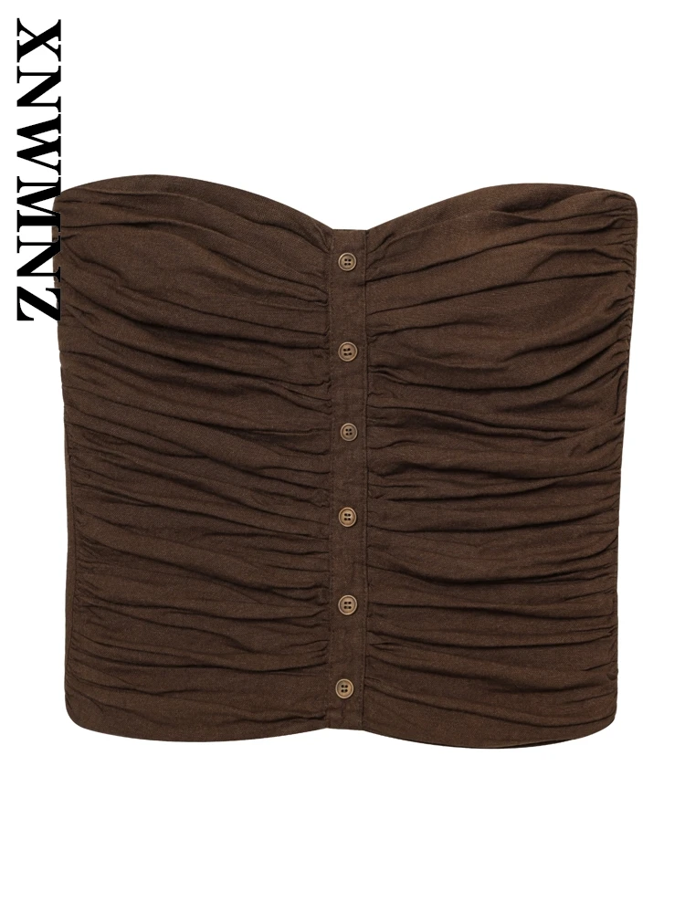 

XNWMNZ 2025 Summer Female Fashion club Shoulder Backless Linen Corset Simple Woman BROWN Sleeveless Strapless Top Chic mini Vest