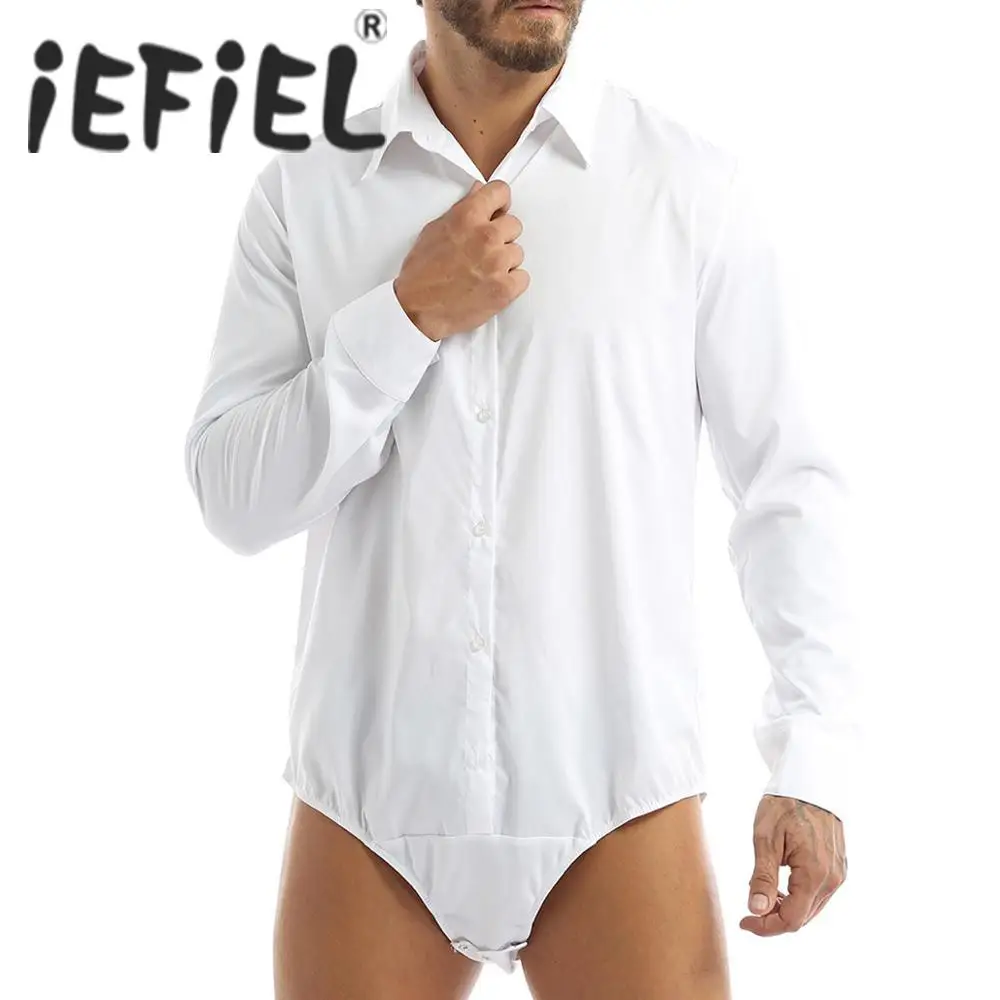 Mens Solid Color Bodysuit Shirts Tops One Piece Turn-down Collar Hemd-Body Costumes Button Down Casual Business Body Shirt Tops