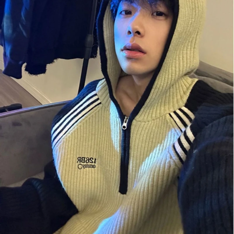

Juspinice Japanese Lazy Style Knitted Sweater for Men Contrast Hooded Half Zipper Splicing Sweatshirts Retro Loose Casual Tops