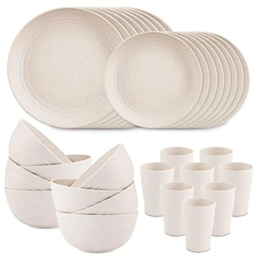 

Wheat Straw Dinnerware Sets, Dish Sets for 8, Plates and Bowls Set Dishwasher Safe, Unbreakable Dinnerware, Reusable Plastic Pl