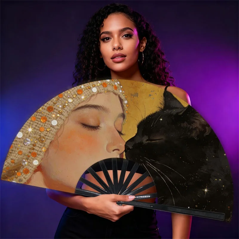 Portable Handheld Fan for Men, Made of (Twill), Quiet And Suitable for Both Indoor And Outdoor Use.Features a Stylish Design with an Artistic Pattern of a 'Woman And Cat', Perfect for Keeping Cool in The Summer, Lightweight And Durable