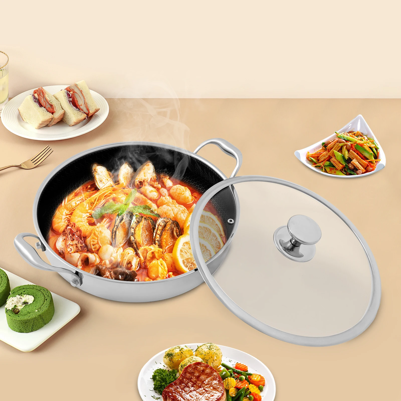 

Frying Pan with 2 Handle and Lid, Kitchen Restaurants Flat-Bottomed Frying Pan 32*6.5cm/12.6*2.6 In