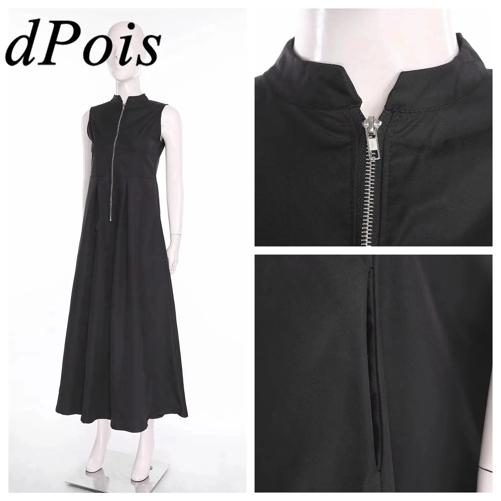 Stilvolles Sommer-Maxikleid für Damen mit Reißverschluss vorne, Stehkragen, ärmellos, hohe Taille, Party, Alltag, Freizeitkleider für Damen