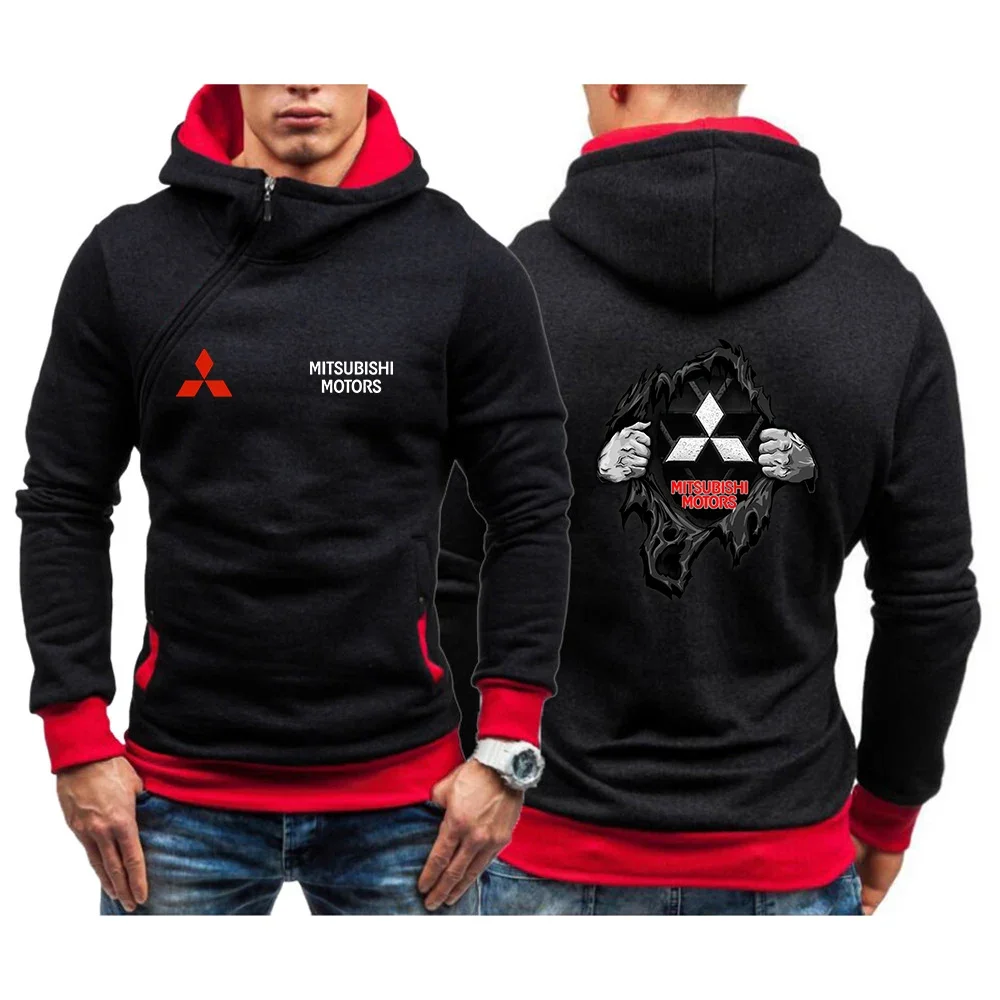 

2024 Spring Autumn Motorcycle For Mitsubishi Logo Printed Hooded Comfortable Sweatshirts Men's Diagonal Zipper Patchwork Hoodies