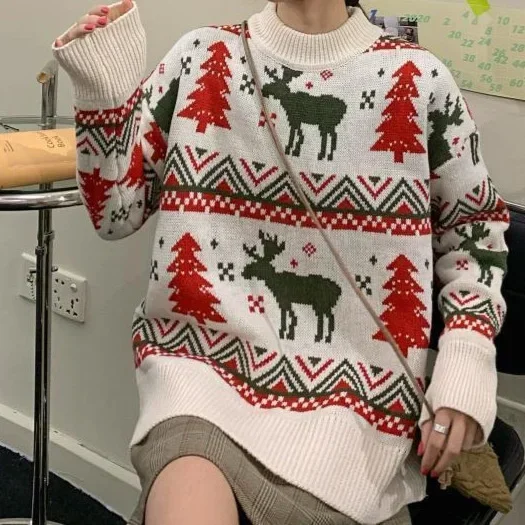 

Fashion Christmas Sweater Women Autumn Winter Loose Lazy Style Versatile Overhead Knitted Sweater O-Neck Sueter Mujer Top