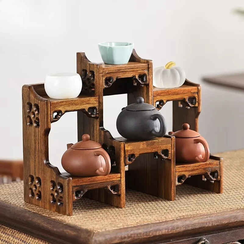 

‌ Китайская полка для чая из цельного дерева | Мини-антикварный дисплей для набора чайников и чашек Исин, компактный органайзер с настольным хранилищем в стиле дзен-декора