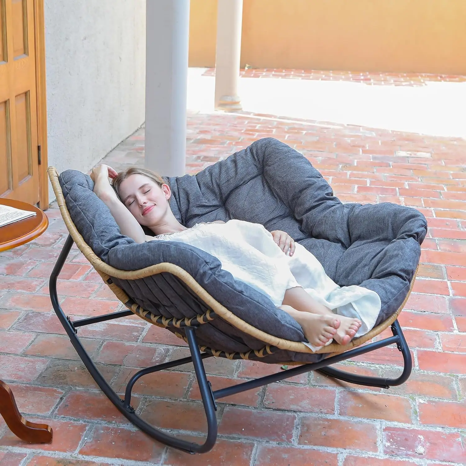 Outdoor Rocking Chair, Patio Egg Rocking Chair, Indoor Papasan Chair, Rattan Wicker Lounge