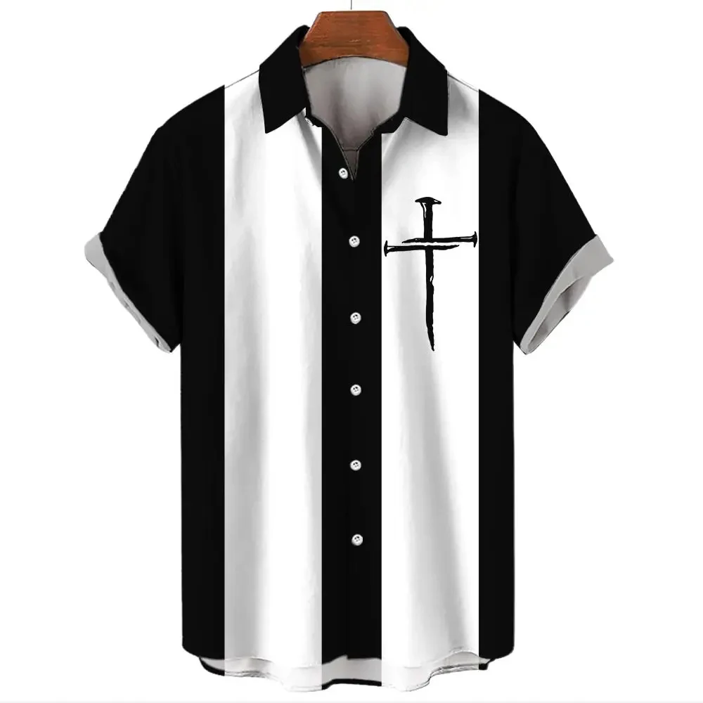 

Vintage Men's Shirt for Men Fashion Pattern Stripes Tops Summer Men's Clothing Short-Sleeved Button Loose Blouse Hawaiian Shirts