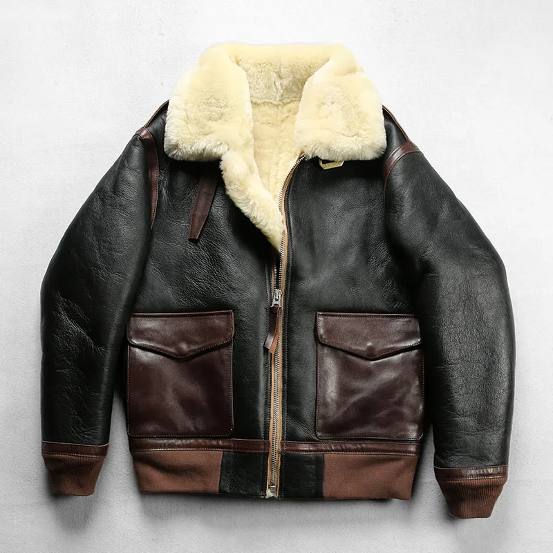 A2 Flight Suit Fur Men Lapel Thickened Sheepskin Genuine Leather Jacket Super Warm Large Size Sheep Shearling High Quality Coat