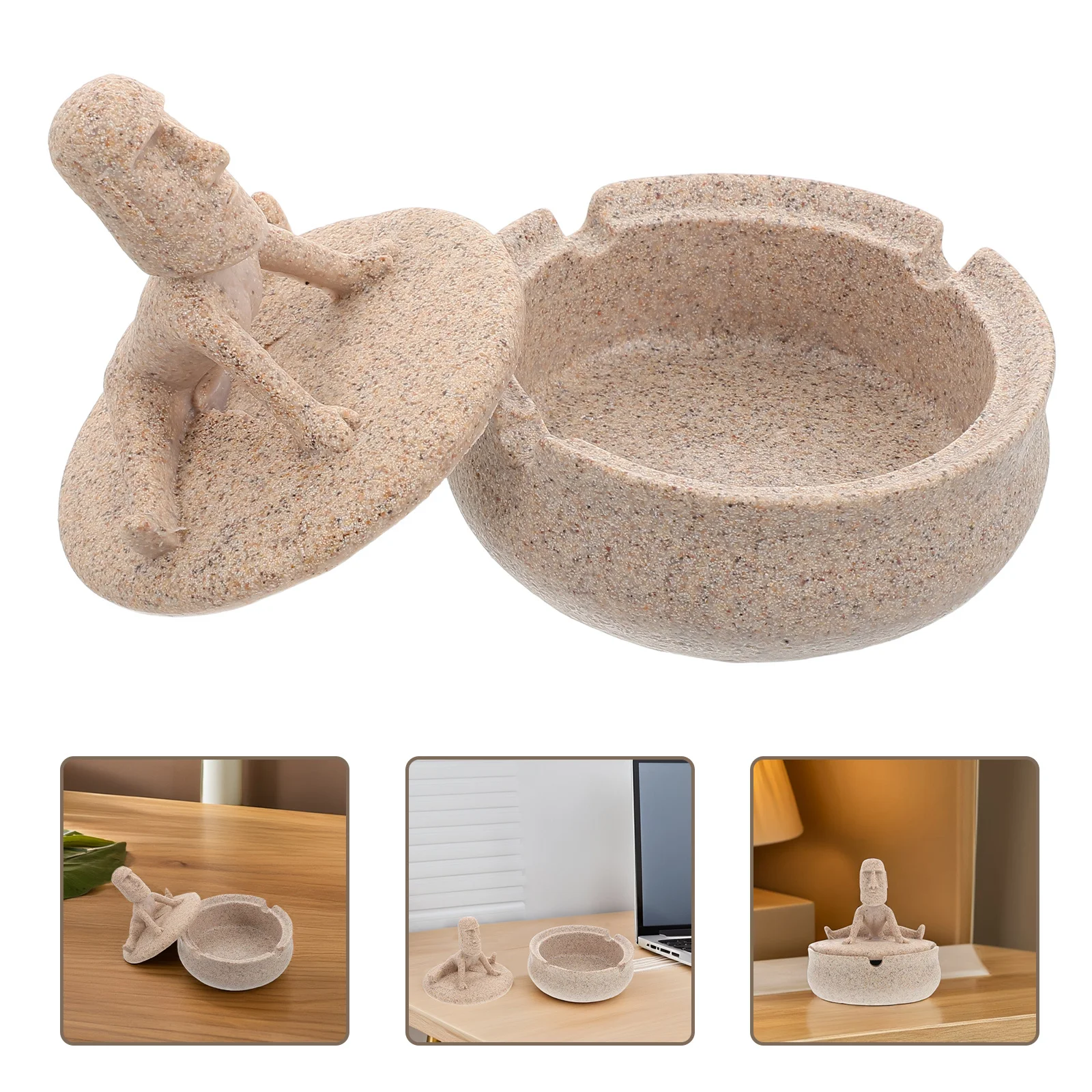 

Creative Ashtray Yoga Stone Design Resin Windproof Lid Round Decorative For Home Office Desktop Indoor
