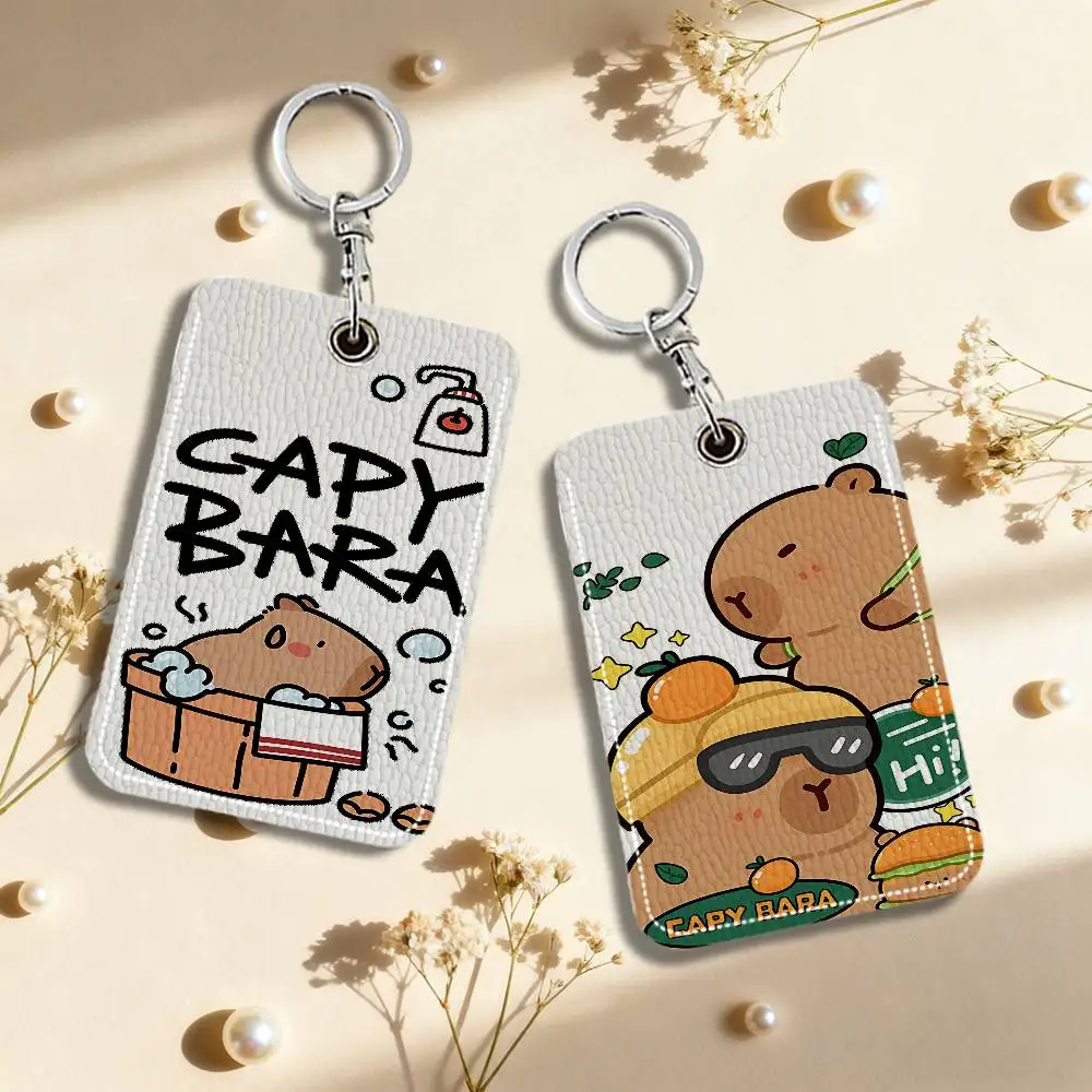Cartoon Cute Capybara Keyring Leather Access Card Holder Keychain Community Proximity Card Protective Case