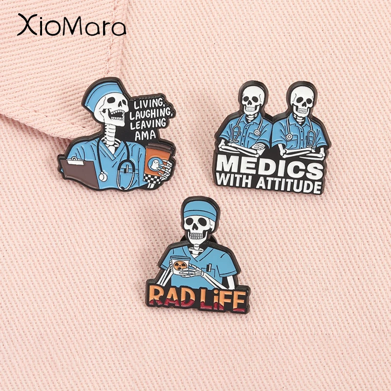 Medics With Attitude Enamel Pins Medical Skeleton Doctor Dark Humor Living Laughing Leaving Brooches Lapel Badge Jewelry Gift ﻿