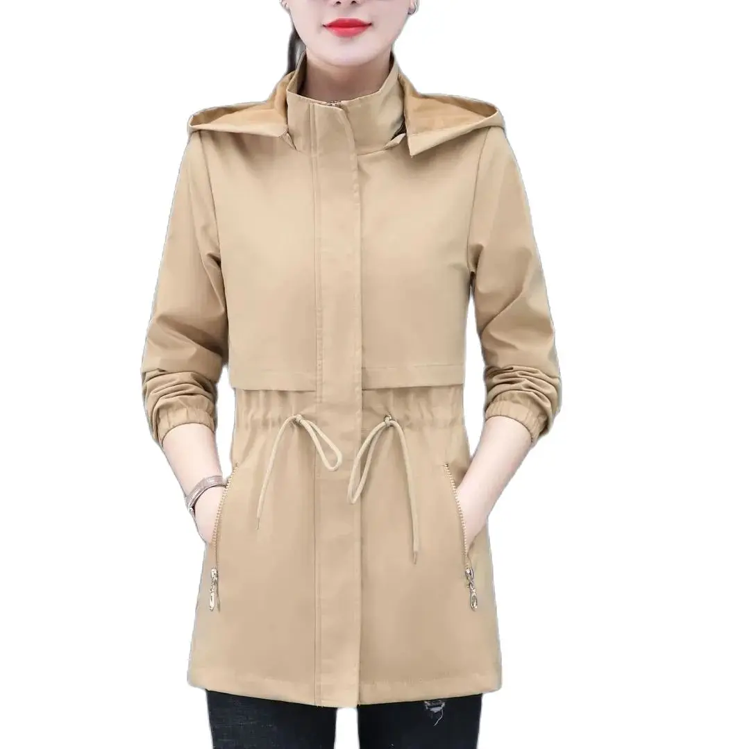 Women Trench Coat New Spring Autumn Jacket Casual Long Sleeve Hooded Mid Long Windbreaker Female Overcoat High-Quality Coats 5XL