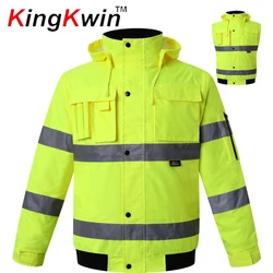 Men's Safety Winter Jacket Reflective Rain Jacket  Waterproof Hi Vis Rain Coat Warm  Hi Vis Bomber Safety Jacket