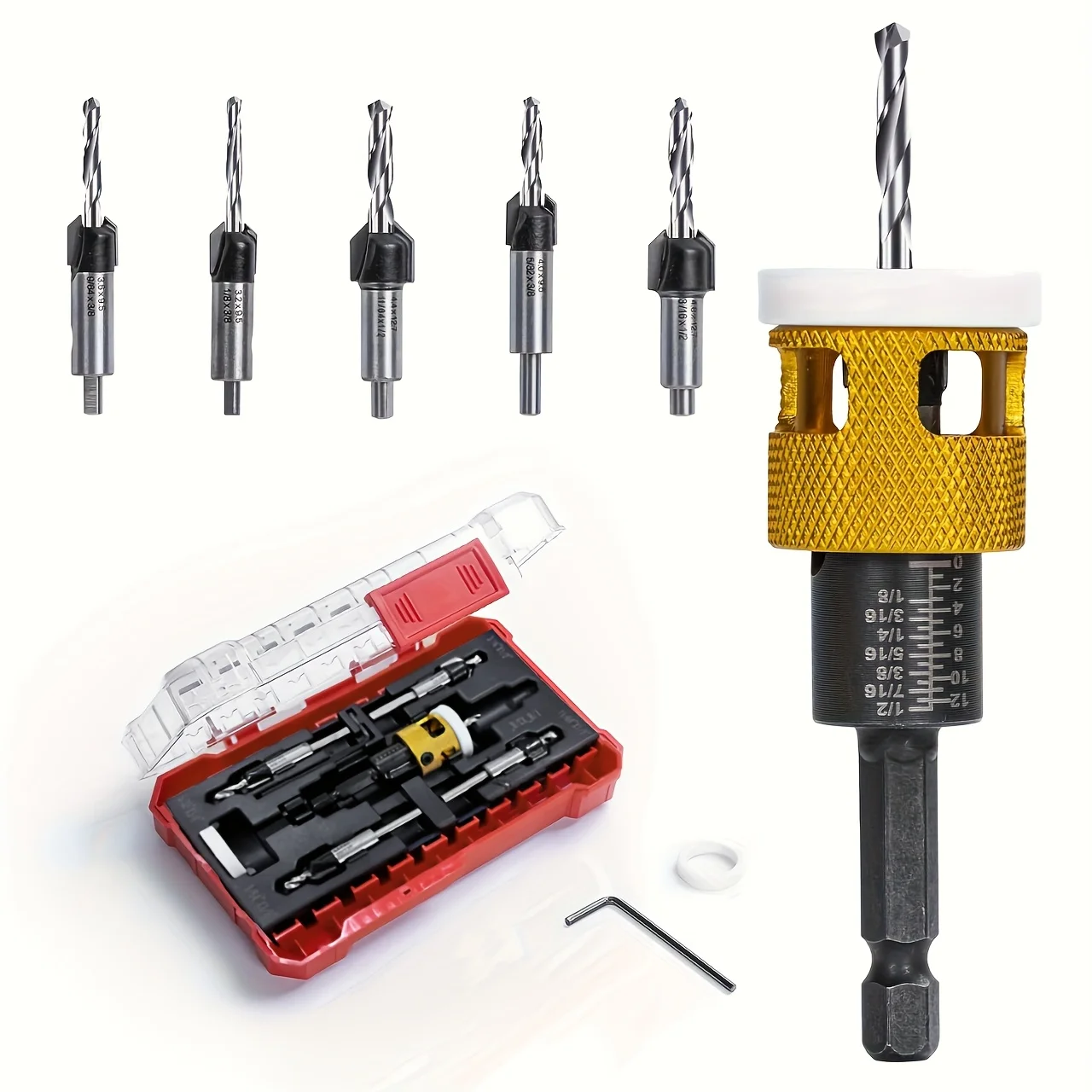 

5Pcs Countersink Drill Bit Set with Low Friction Depth Stop, HSS M2 Bits Tapered Head1/8 9/64'' 5/32'' Drill+3/8'' 82°