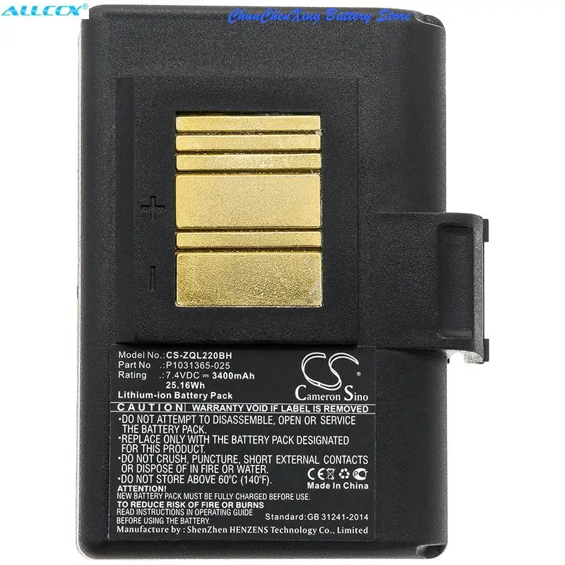  3400mAh Battery for Zebra QLN220,QLn220HC,QLN320,QLn320HC,ZQ500,ZQ510,ZQ520,ZQ610,ZQ620,ZR628,ZR638,ZQ610HC,ZQ620HC