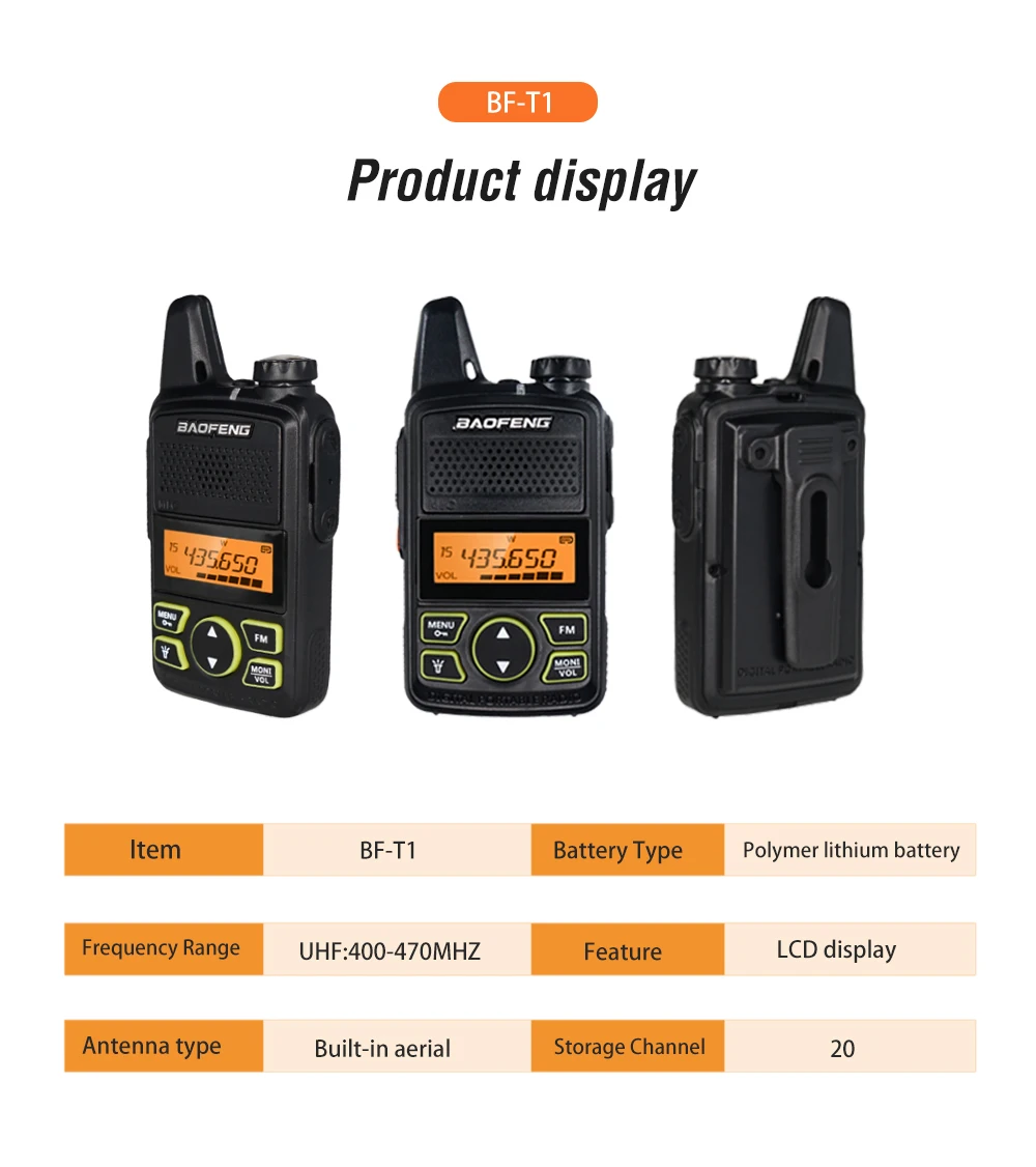 Original Baofeng BF-T1 MINI Walkie Talkie UHF 400-470MHz USB Charger Portable Two Way Radio 20 Channel UHF Transmitter FM Radio