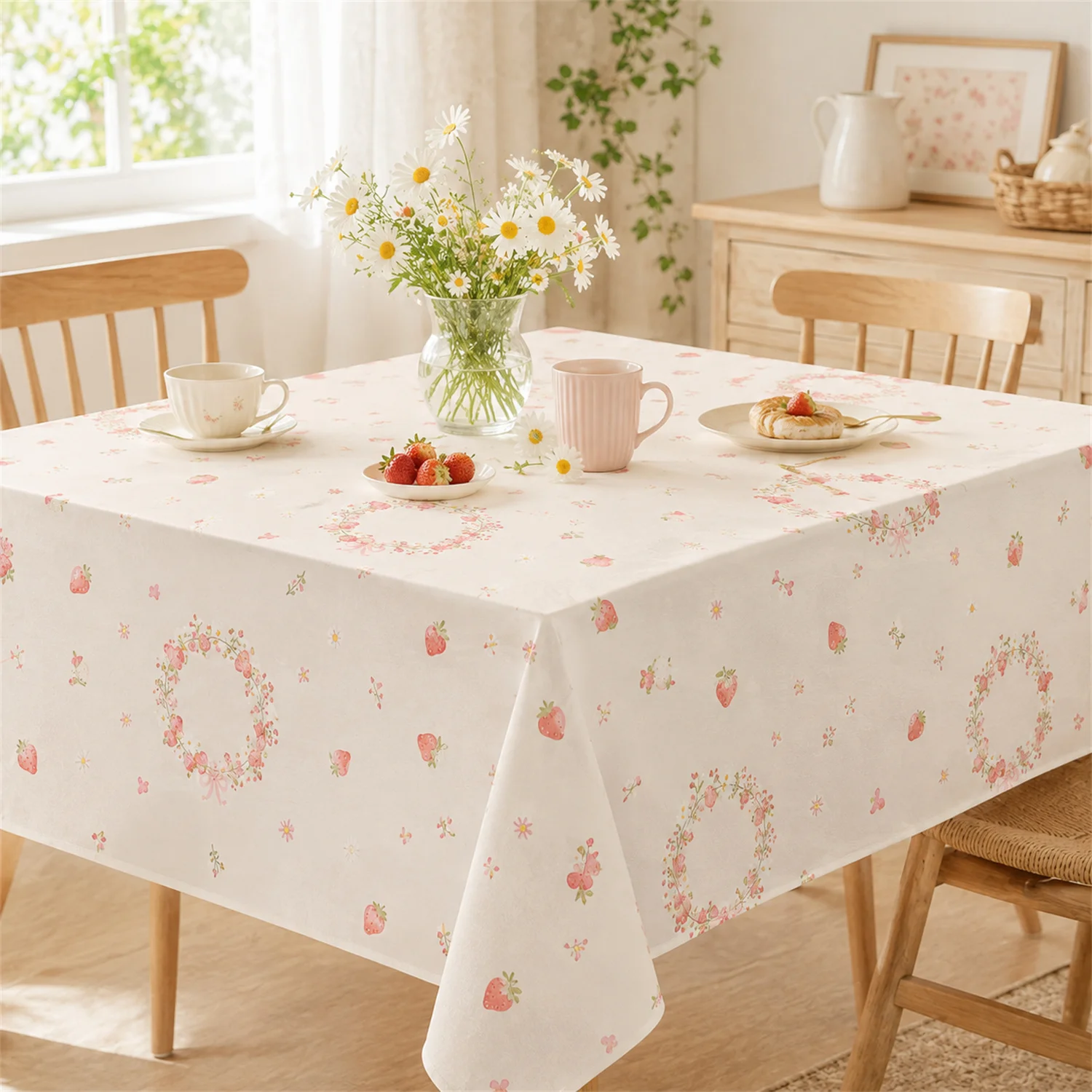 Strawberry Floral Wreath Tablecloth Cute Daisy Butterfly Print Dining Table Cover Cottage Kitchen Party Home Decor