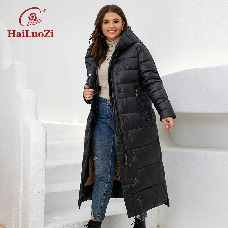 HaiLuoZi-chaquetas de talla grande para mujer, Abrigo con capucha gruesa, cinturón con cremallera, clásico, informal, Parkas, 2022, novedad de invierno, 6037