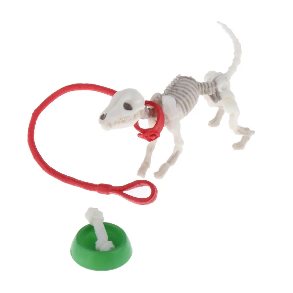 Mini esqueleto Dog Role Toys, Ornamento com conjunto tigela, Escala 1:12