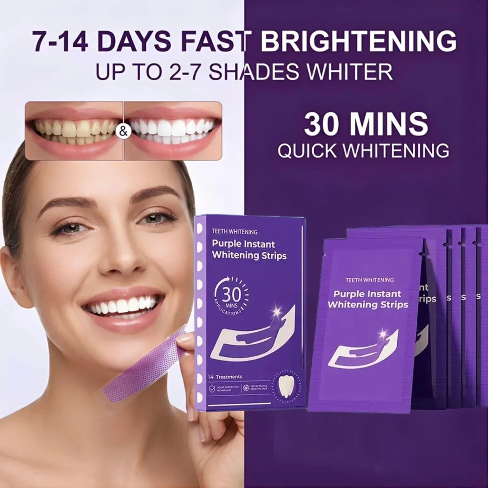 14 Pairs Purple Instant Teeth Whitening Strips, V34 Color Correcting Whitening Strips, 30 Mins Fast Effective Teeth Brightening
