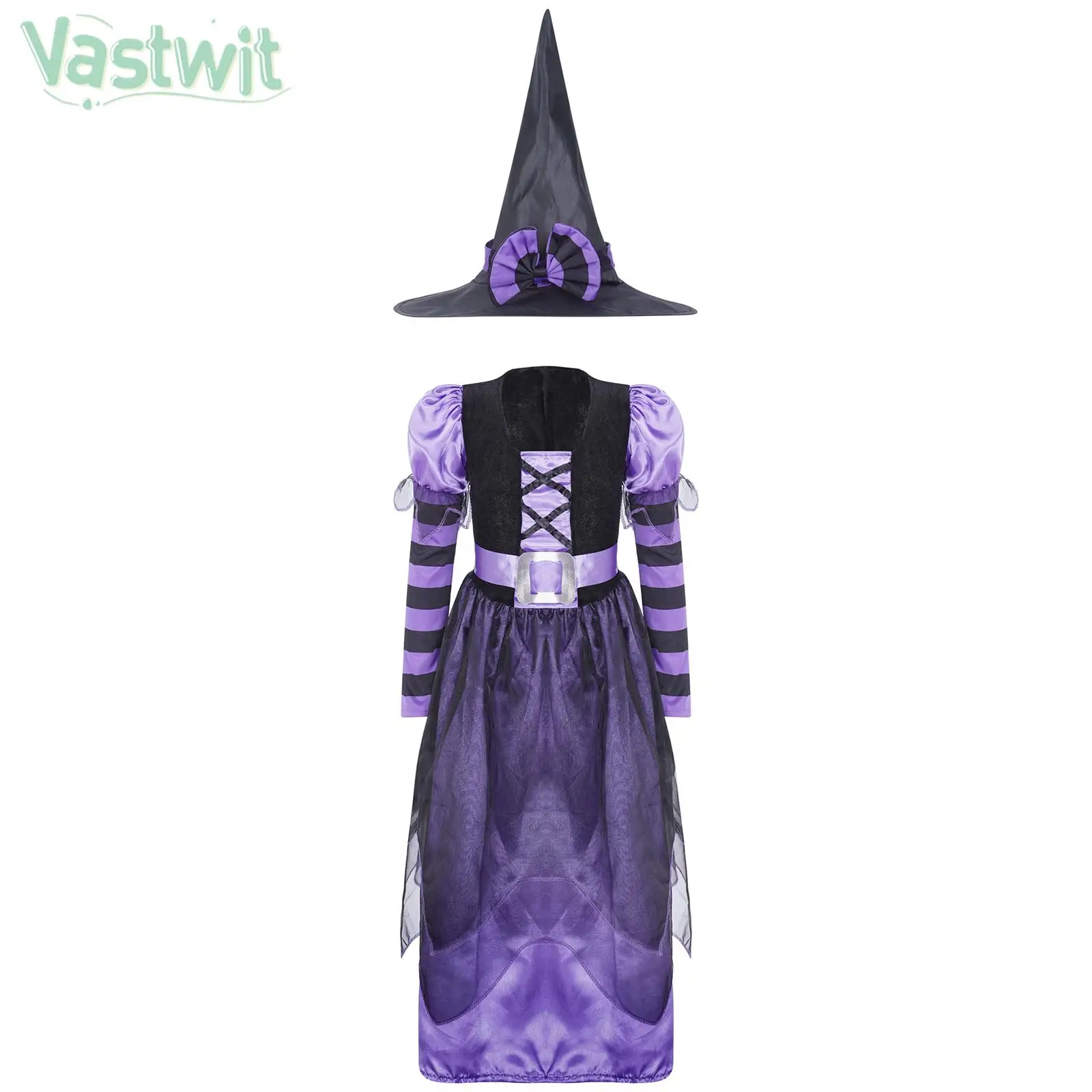 Kids Girls Witch Cosplay Dress With Pointed Hat Halloween Theme Party Carnival Sorceress Roleplay Stage Performance Costume