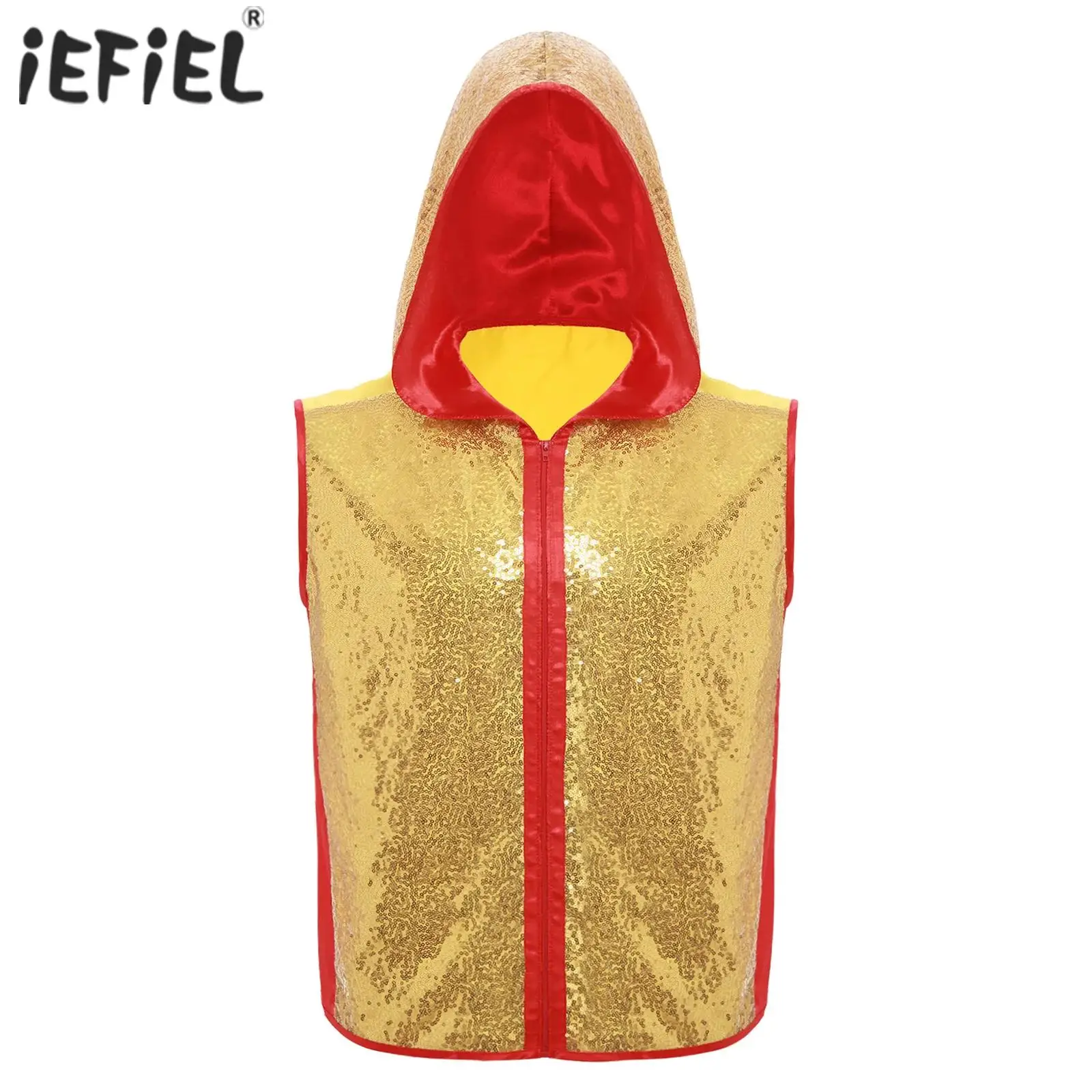

Mens Sparkly Boxing Tops Coat Jacket Sequined Sleeveless Hooded Zipper Closure Hoodie Vest Training Fitness Outerwear Overcoat