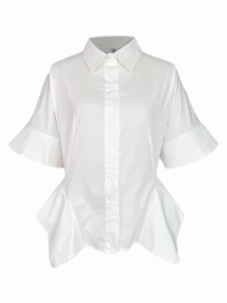 

Bonboho Women's Solid White Lapel Collar Half Sleeve T-shirt Waisted Irregular Ruffle Hem Loose Fit Buttoned Summer Blouse