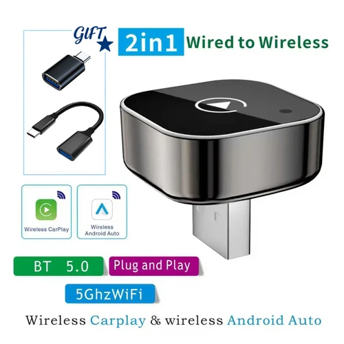 Adaptador Carplay inalámbrico 2 en 1, convierte adaptador carplay cableado a inalámbrico para iPhone, Control inalámbrico Plug & Play Carplay