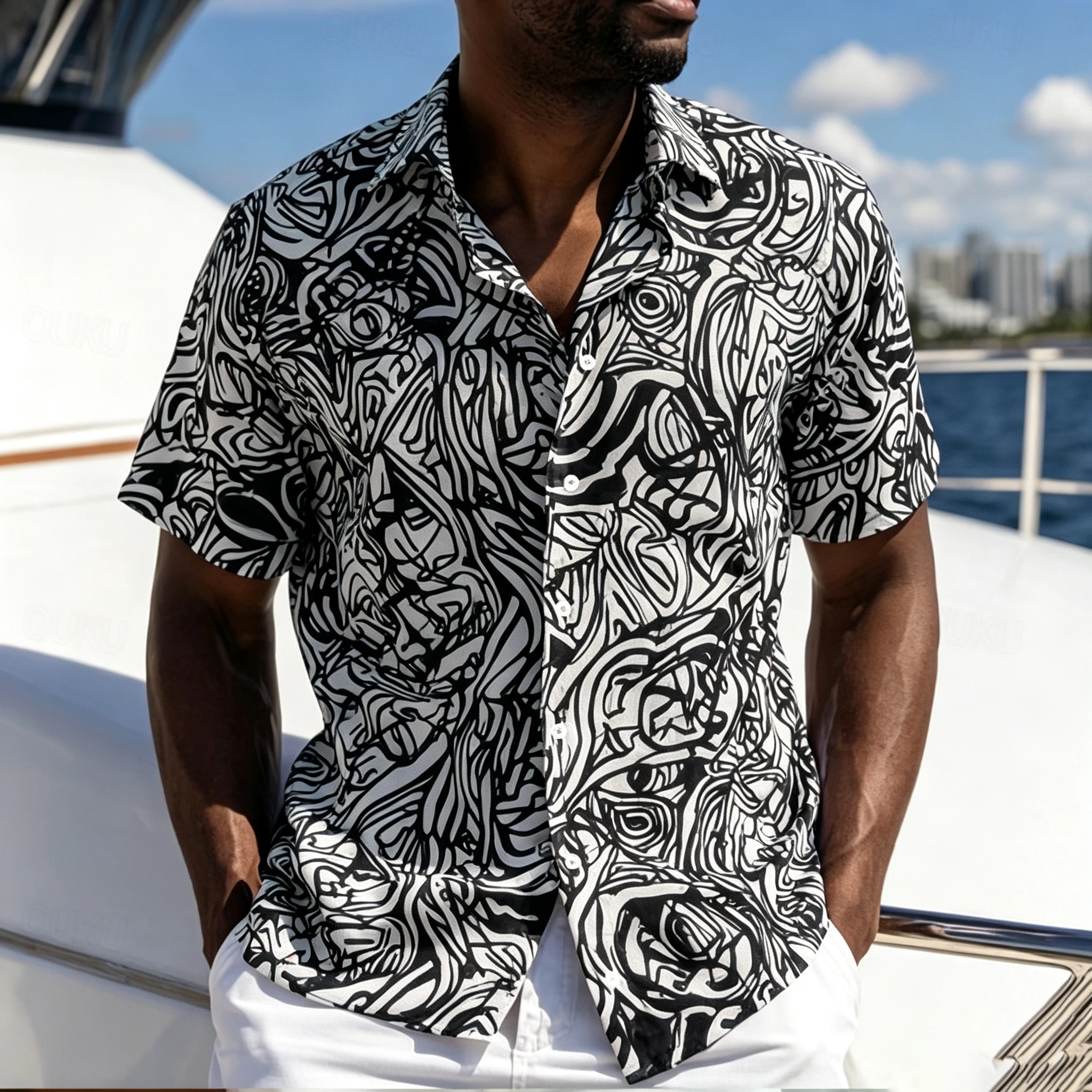 Men's Abstract Graffiti Art Short-Sleeve Shirt, Retro All-Over Print Collared Shirt, Trendy Casual Men's Top for Beach Vacation