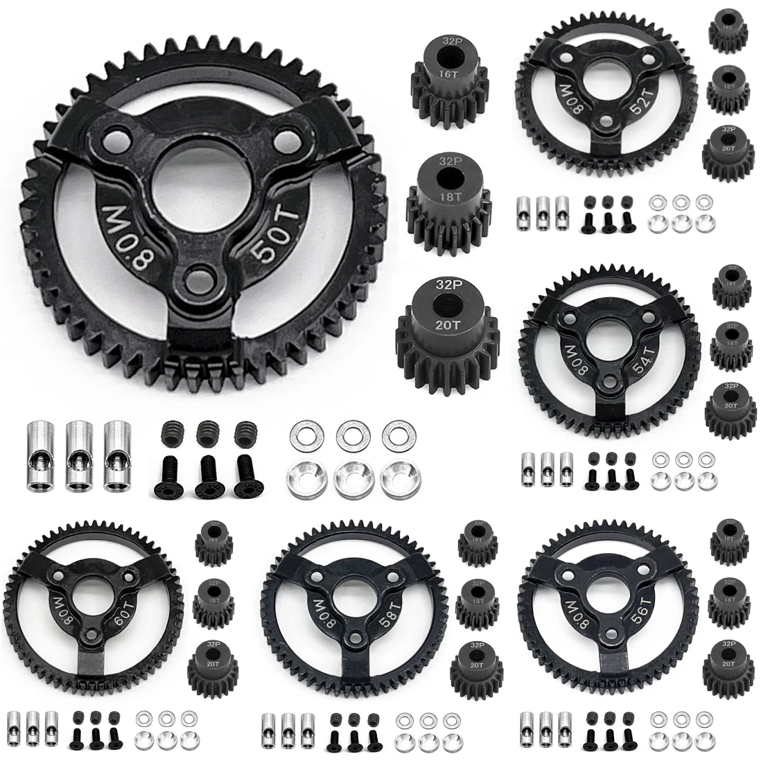 Hardened Steel 0.8M 32P Spur Gear 50-52-54-56-58-60T&16-18-20T Set for Traxxas Slash 2WD VXL Bandit Rustler Stampede Drag Slash