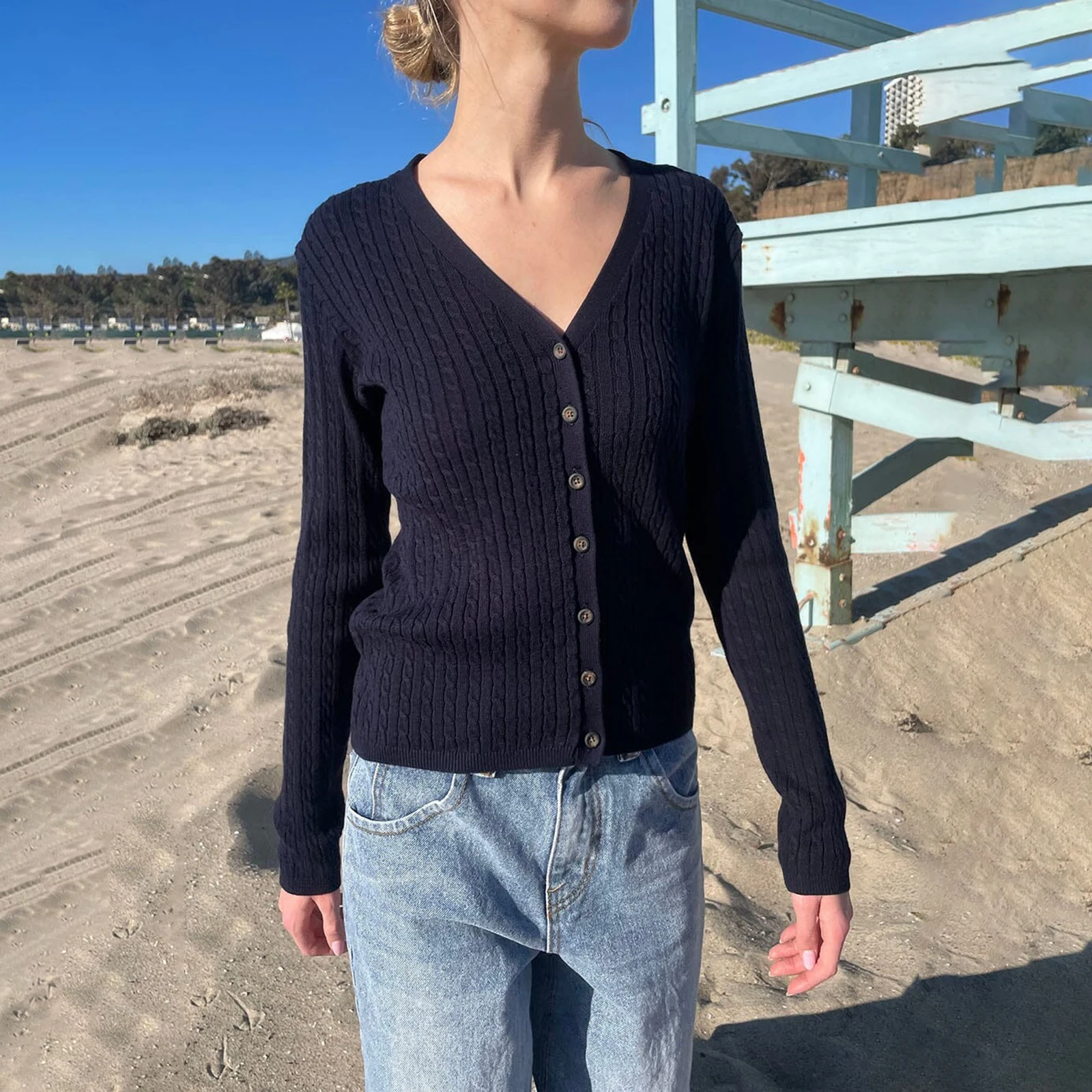 سترة كلاسيكية منسوجة على شكل كابل للنساء، سترة عصرية بلون سادة وأكمام طويلة وأزرار سفلية #4