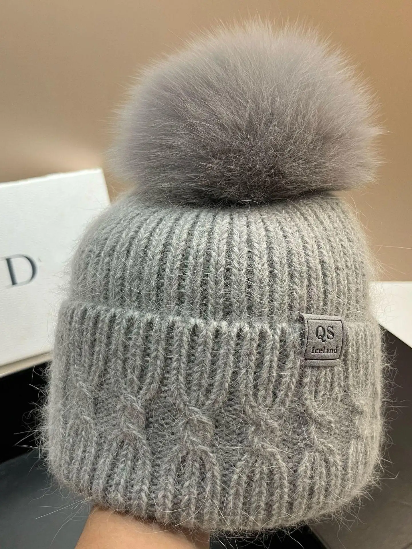 

Winter Warm White Rabbit Fur Knitted Hat For Women 2025 Winter Beanie With Fox Fur Pompom Snow Outdoor Casual