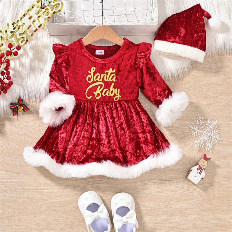 

2-Piece Baby Girls Christmas Set Terry Trim Letter Long Sleeve Ruffled Romper Dress Hat Velvet Outfits