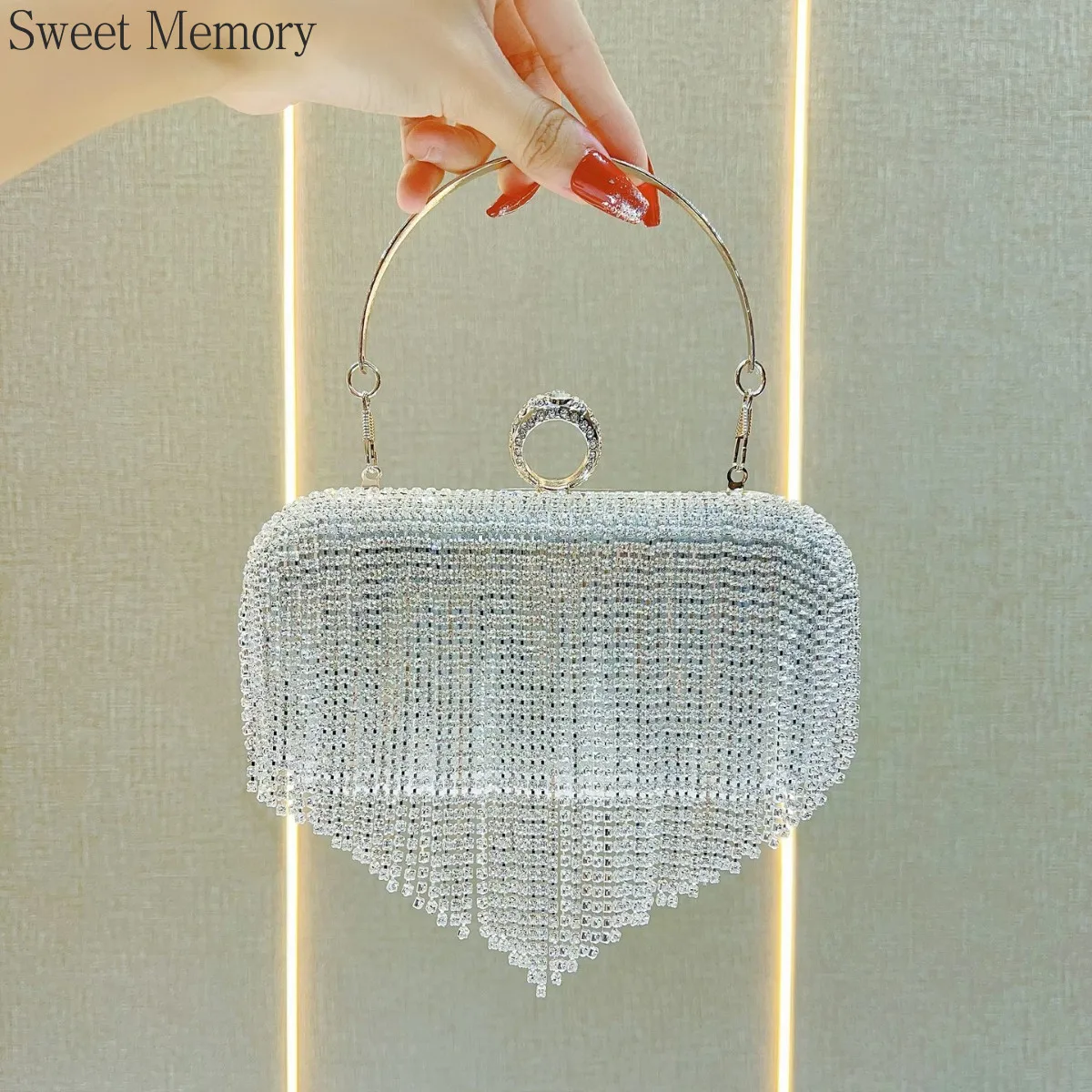 Bolso J150 2025, bolso con diamantes de imitación y borla dorada y negra con memoria dulce, vestido de noche, bolsos con incrustaciones de diamantes para banquete, bolso de alta sociedad