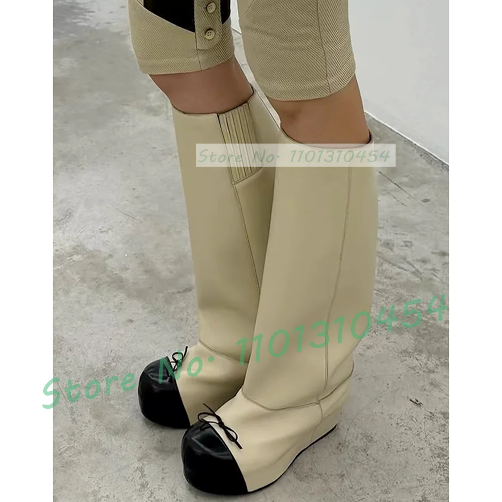 Splicing Round Toe Knee High Riding Boots Women Fashion Bow Decor Platform Boots Ladies Classy Cool Girly Wide Fit Chic Shoes