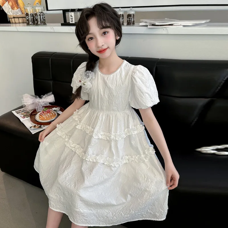 Girls Skirts 2024 Summer New Childrens Clothing Girls Big Children Foreign Style Sweet Bubble Sleeve Embossed Princess Dress