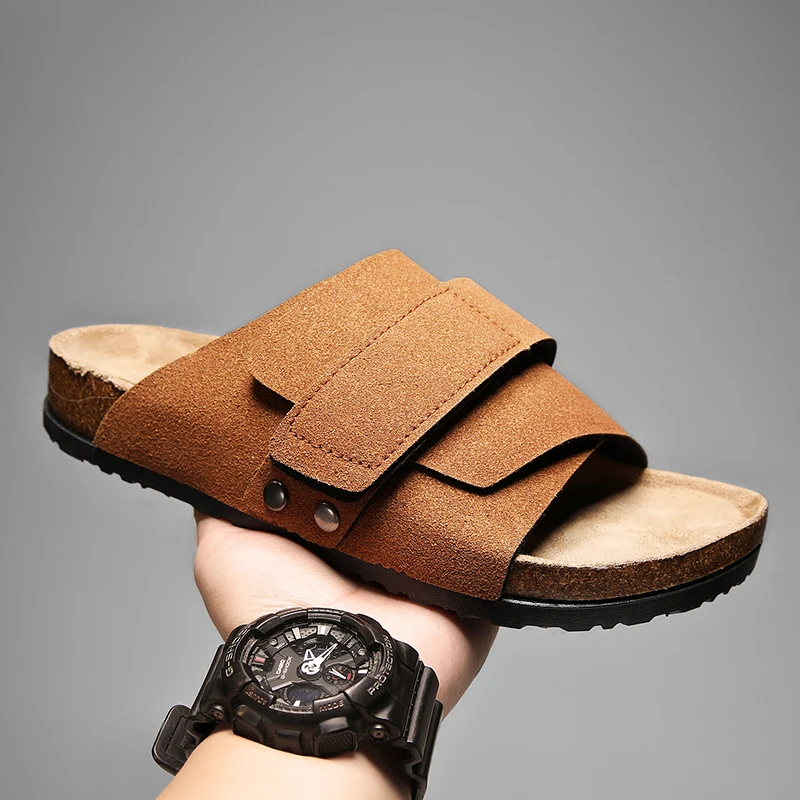 Men's Cork Slippers Suede Leather Clogs with Open Upper Comfort Footbed Adjustable Sandals Slides Indoor Home Shoes Women Couple