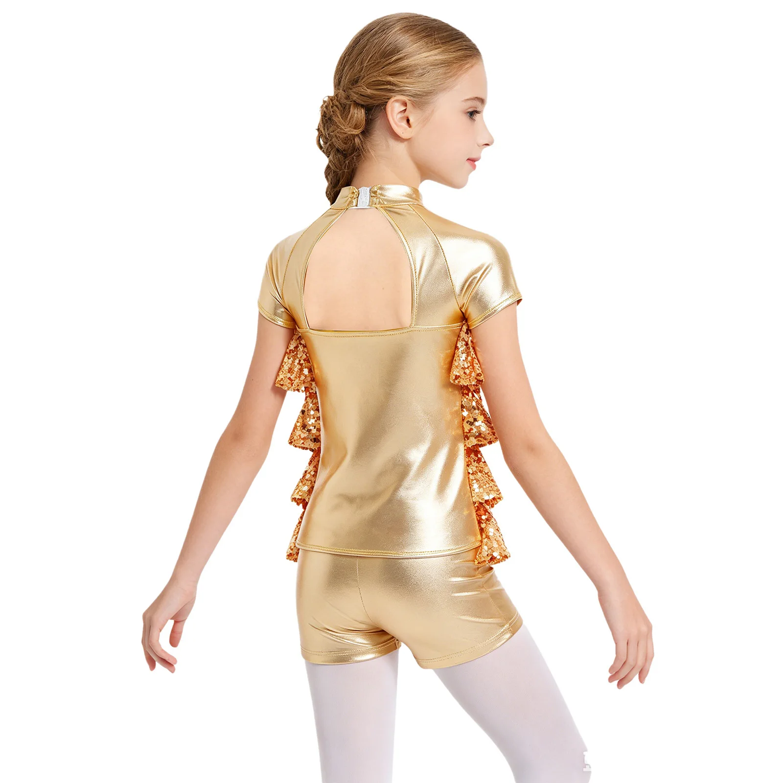 Kids Girls Metallic Shiny Jazz Modern Dance Costume Short Sleeve Sequins Tiered Ruffle Top with Shorts for Hip Hop Cheerleading