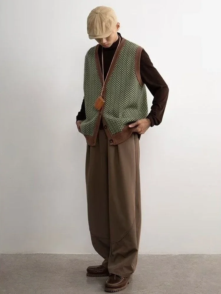 Autumn Trendy Green Retro Knitted Vest Men Cardigan Button V-neck Neutral Couple Japanese Hong Kong Style Versatile Knitwear