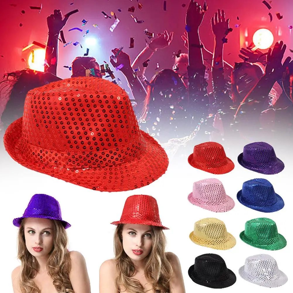 Unisex Hip Hop Jazz Hat Party Stage Dance Sequins Show Shiny Glitter Caps Costume Beading Magician Hat Clown Performance Co W1U8