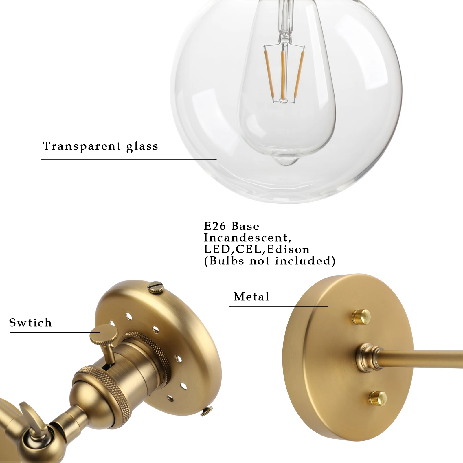 Lampada da parete industriale Phansthy Vintage 2 applique da parete con doppio paralume in vetro globo da 5.9 pollici