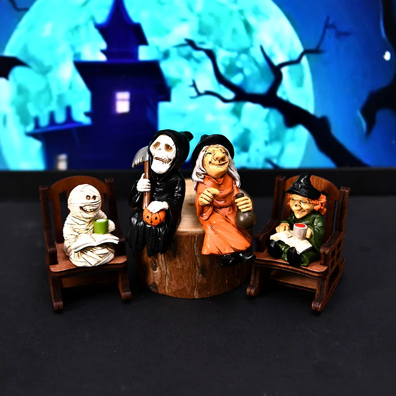 

Halloween Resin Craft Decor Witch Ghost & Black Man Rocking Chair Home Desktop Festival Ornament Anime Figures Collectible Gifts