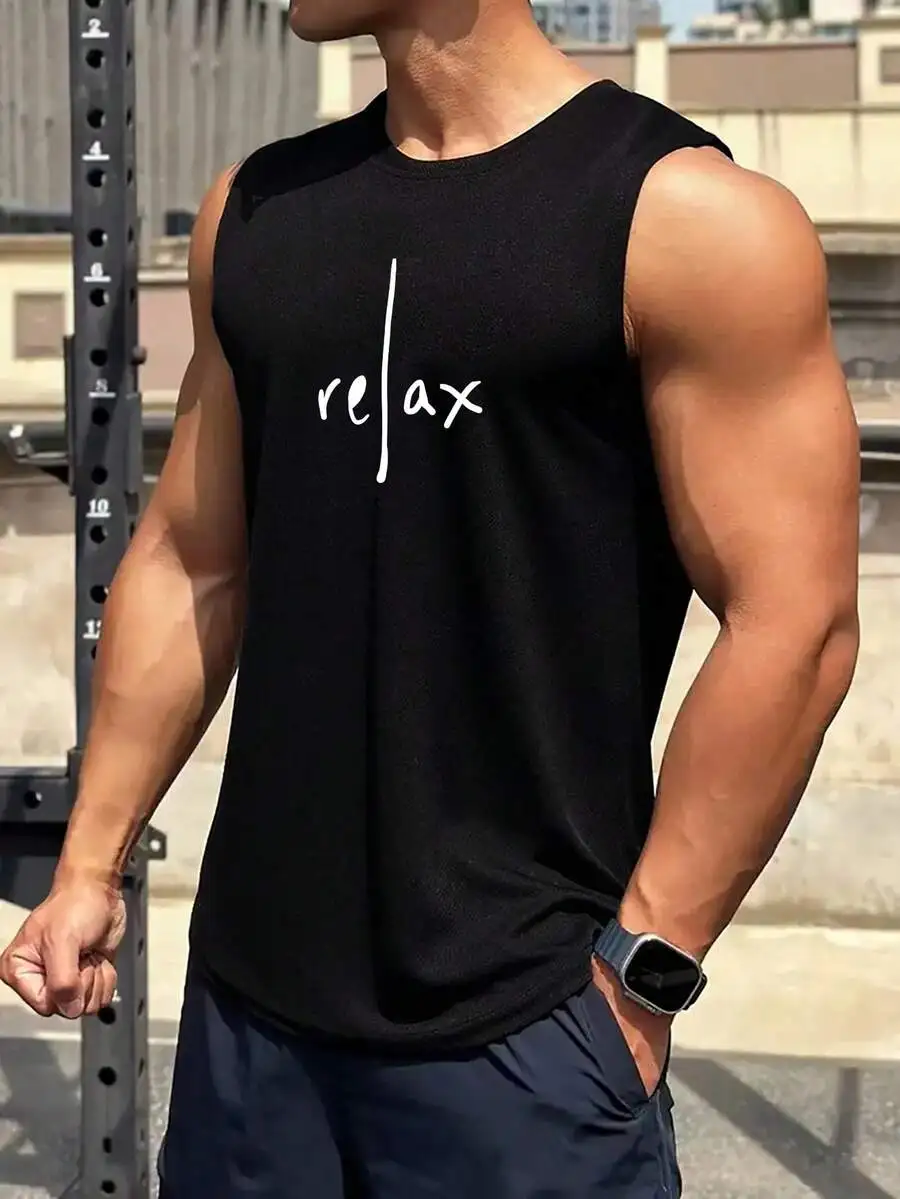 

Men's Black Crew Neck Sleeveless Tank Top with Minimalist Script Print
