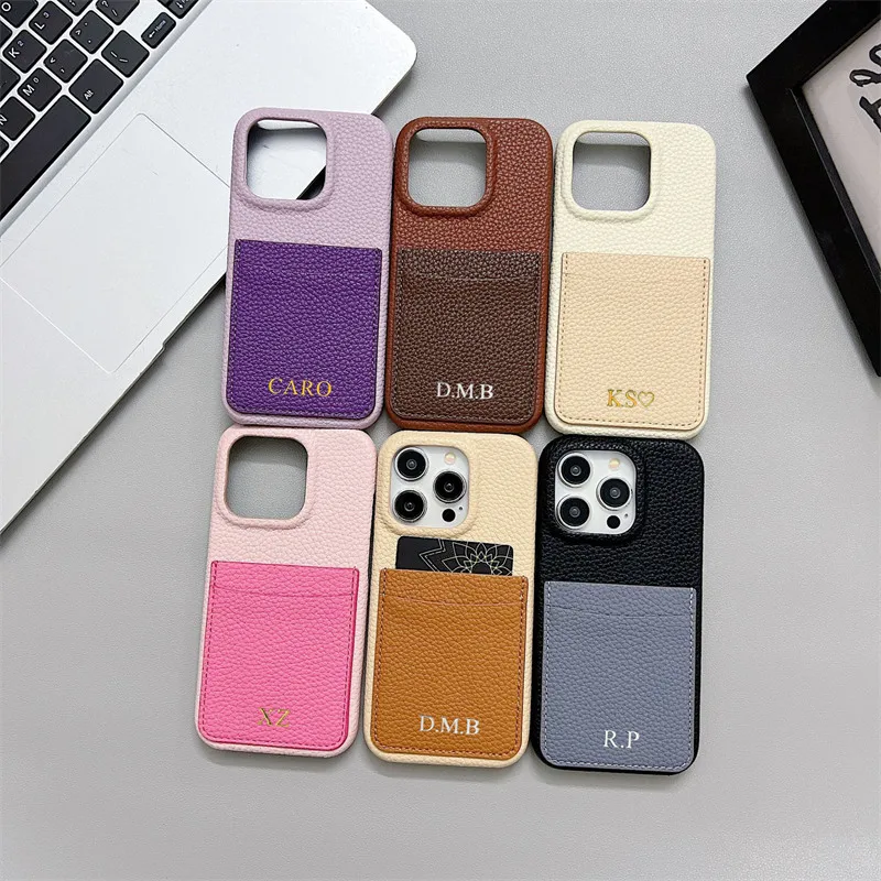 Personalizowane etui skórzane z imieniem na karty i portfel do iPhone'a 15 14 13 12 17 16Pro Max 16Plus, luksusowa, odporna na wstrząsy tylna obudowa — zdjęcie produktu 3