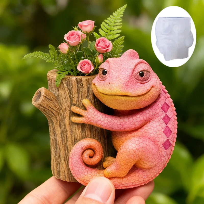 

2026 New Mould Chameleon Tree Stump Cement Plaster Cup Mold DIY Resin Storage Cup Plant Pot Home Decorative Item Silicone Molds