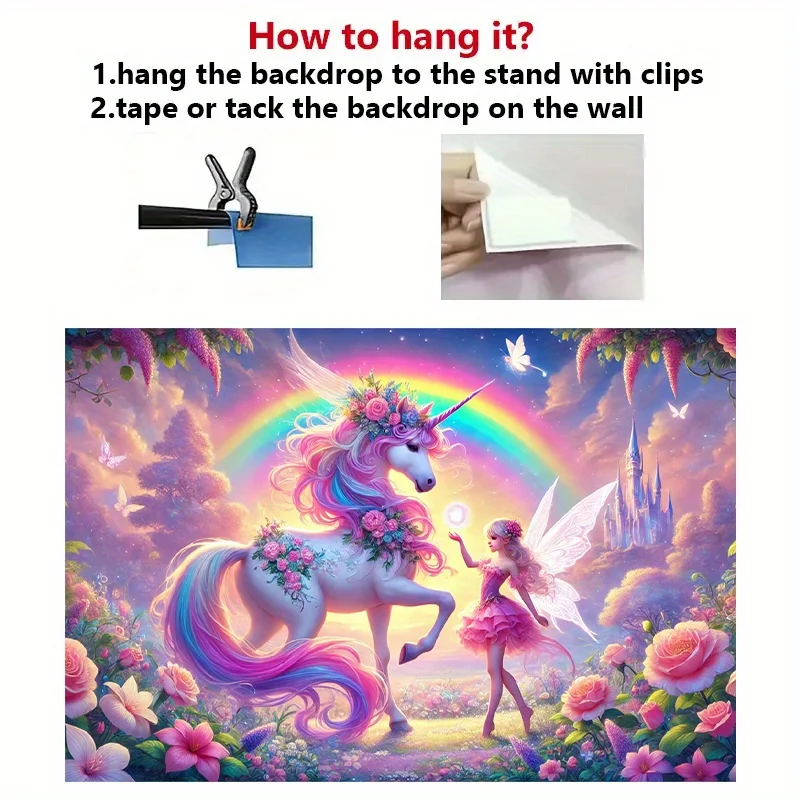 قطعة واحدة، مجموعة مع خلفية معلقة على الحائط على شكل وحيد القرن السحري والخرافية - تتميز بألوان قوس قزح والزهور ومناظر الغابة السحرية