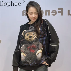 American Style Long Sleeve Hoodie Women Loose O-neck Pullover Top Thicken Velvet Cute Bear Hot Drilling Autumn Winter Sweatshirt